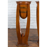 Large Pair of Javanese Art Deco Style Teak Wood Plant Stands with Brass Braces