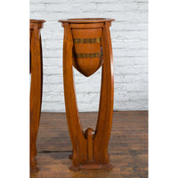 Large Pair of Javanese Art Deco Style Teak Wood Plant Stands with Brass Braces