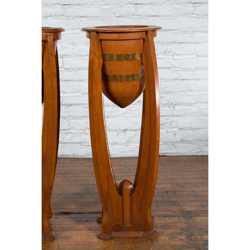Large Pair of Javanese Art Deco Style Teak Wood Plant Stands with Brass Braces - Antique Chinese and Vintage Asian Furniture for Sale at FEA Home