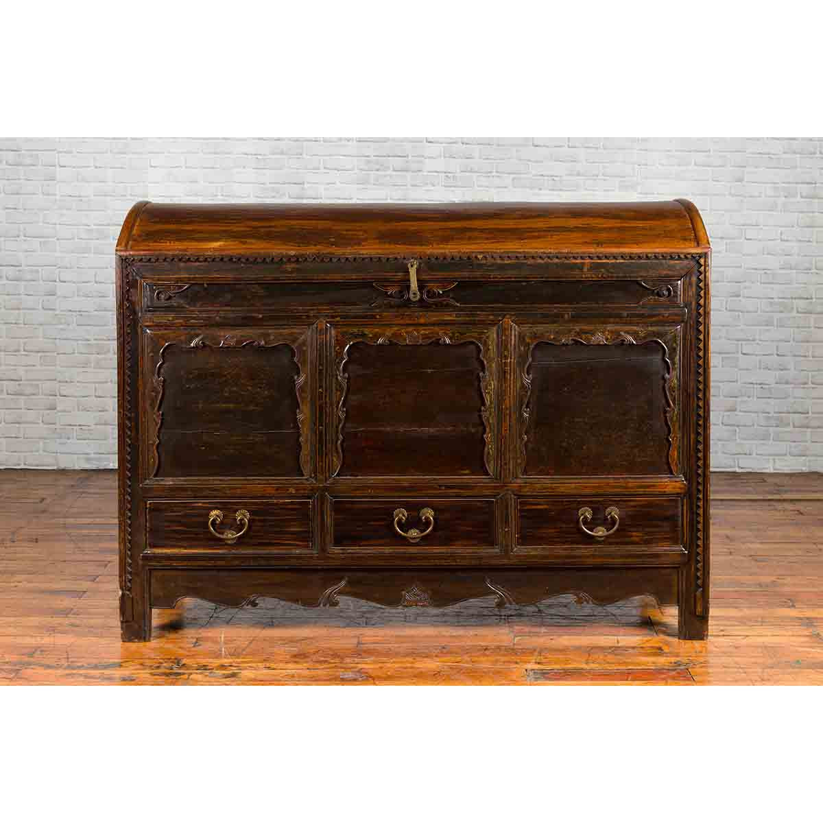Chinese Antique Large Dowry Chest with Arching Lid, Carved Panels and Drawers-2. Asian & Chinese Furniture, Art, Antiques, Vintage Home Décor for sale at FEA Home