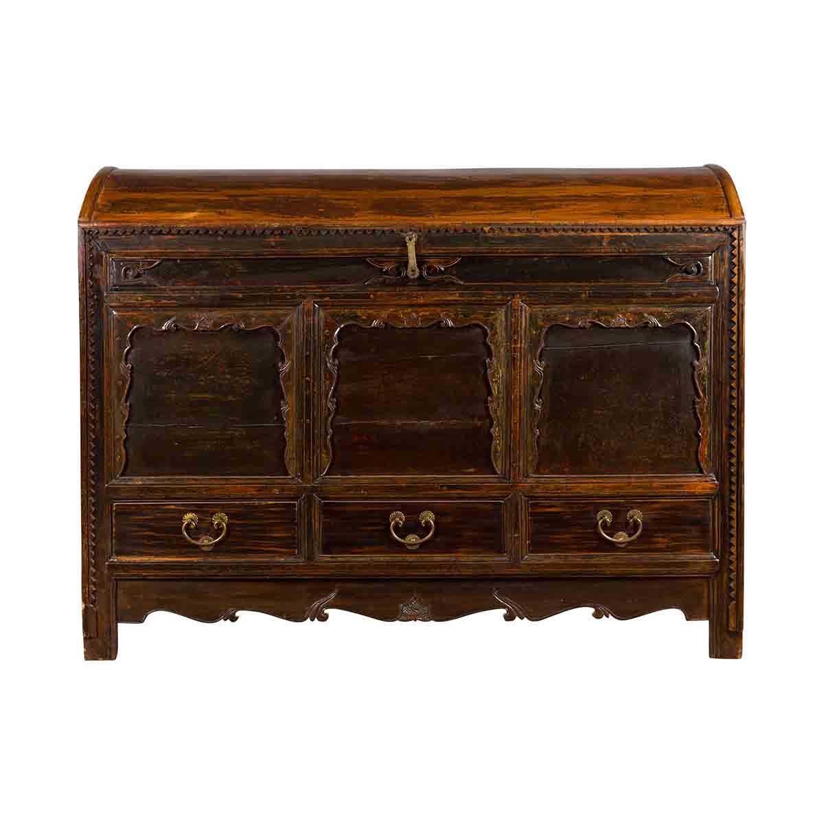 Chinese Antique Large Dowry Chest with Arching Lid, Carved Panels and Drawers-1. Asian & Chinese Furniture, Art, Antiques, Vintage Home Décor for sale at FEA Home