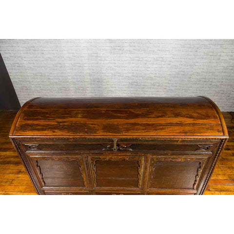 Chinese Antique Large Dowry Chest with Arching Lid, Carved Panels and Drawers