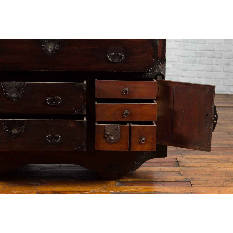 Japanese 19th Century Merchant's Chest with Drawers and Door, Mounted on Wheels-YN1930-10. Asian & Chinese Furniture, Art, Antiques, Vintage Home Décor for sale at FEA Home