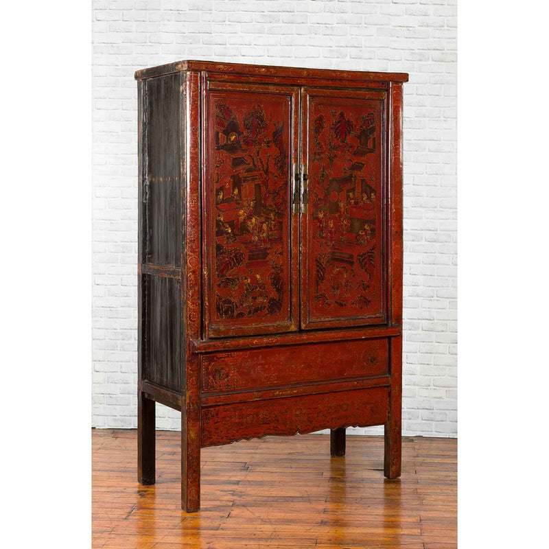Chinese Qing Dynasty 19th Century Red Cabinet with Hand Painted Chinoiseries-YN1931-2. Asian & Chinese Furniture, Art, Antiques, Vintage Home Décor for sale at FEA Home