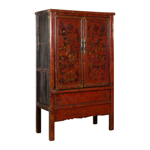 Chinese Qing Dynasty 19th Century Red Cabinet with Hand Painted Chinoiseries-YN1931-1. Asian & Chinese Furniture, Art, Antiques, Vintage Home Décor for sale at FEA Home