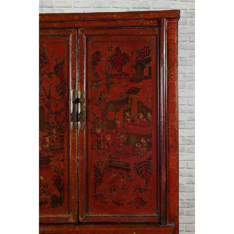 Chinese Qing Dynasty 19th Century Red Cabinet with Hand Painted Chinoiseries-YN1931-5. Asian & Chinese Furniture, Art, Antiques, Vintage Home Décor for sale at FEA Home
