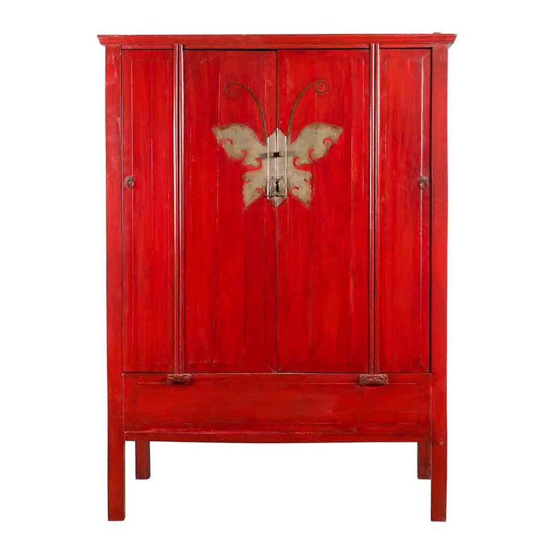 Chinese Qing Dynasty Ningbo Red Lacquered Cabinet with Butterfly Hardware-1. Asian & Chinese Furniture, Art, Antiques, Vintage Home Décor for sale at FEA Home