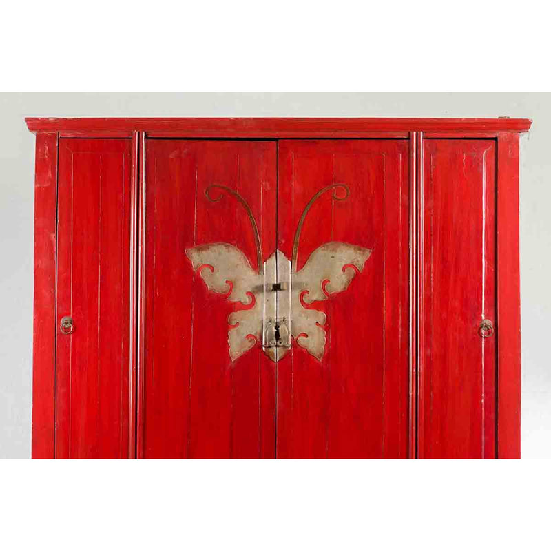 Chinese Qing Dynasty Ningbo Red Lacquered Cabinet with Butterfly Hardware-5. Asian & Chinese Furniture, Art, Antiques, Vintage Home Décor for sale at FEA Home