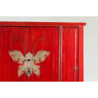 Chinese Qing Dynasty Ningbo Red Lacquered Cabinet with Butterfly Hardware