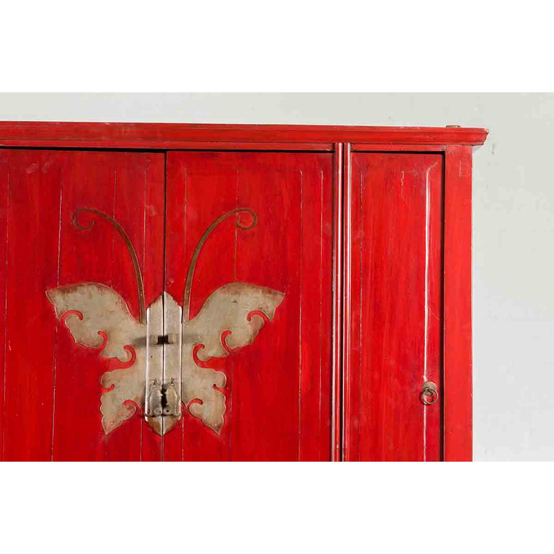 Chinese Qing Dynasty Ningbo Red Lacquered Cabinet with Butterfly Hardware-6. Asian & Chinese Furniture, Art, Antiques, Vintage Home Décor for sale at FEA Home