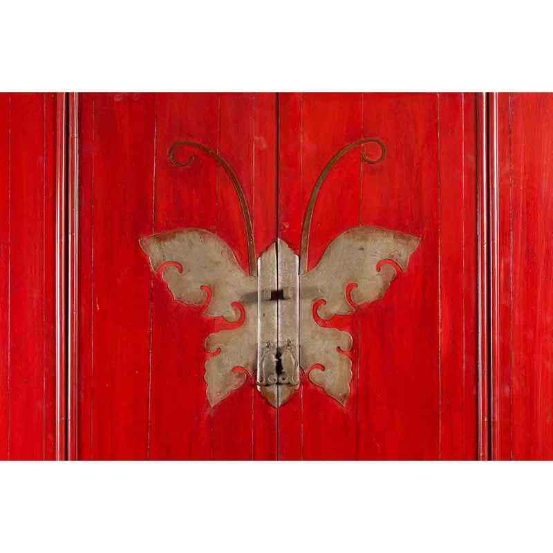 Chinese Qing Dynasty Ningbo Red Lacquered Cabinet with Butterfly Hardware-9. Asian & Chinese Furniture, Art, Antiques, Vintage Home Décor for sale at FEA Home