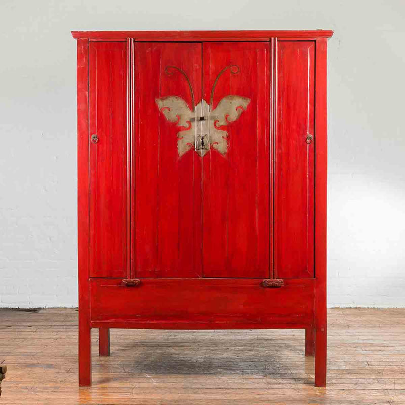 Chinese Qing Dynasty Ningbo Red Lacquered Cabinet with Butterfly Hardware-2. Asian & Chinese Furniture, Art, Antiques, Vintage Home Décor for sale at FEA Home