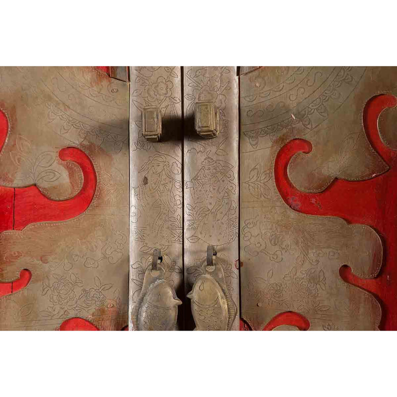 Chinese Qing Dynasty Ningbo Red Lacquered Cabinet with Butterfly Hardware-10. Asian & Chinese Furniture, Art, Antiques, Vintage Home Décor for sale at FEA Home