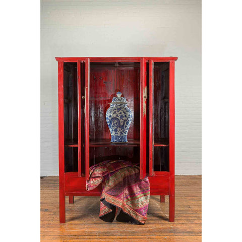 Chinese Qing Dynasty Ningbo Red Lacquered Cabinet with Butterfly Hardware-4. Asian & Chinese Furniture, Art, Antiques, Vintage Home Décor for sale at FEA Home