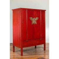Chinese Qing Dynasty Ningbo Red Lacquered Cabinet with Butterfly Hardware