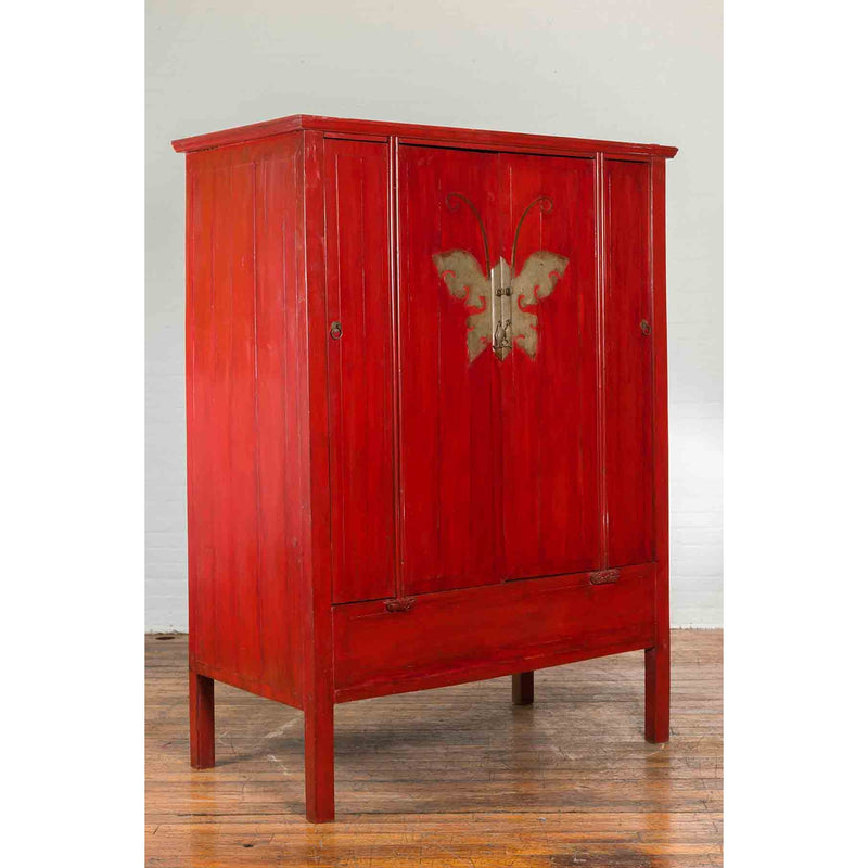 Chinese Qing Dynasty Ningbo Red Lacquered Cabinet with Butterfly Hardware-3. Asian & Chinese Furniture, Art, Antiques, Vintage Home Décor for sale at FEA Home