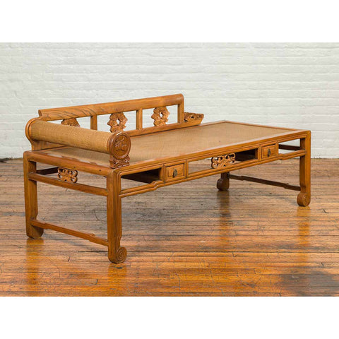 Chinese Qing Dynasty 19th Century Carved Wooden Opium Daybed with Rattan Inset