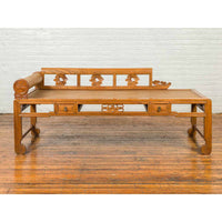 Chinese Qing Dynasty 19th Century Carved Wooden Opium Daybed with Rattan Inset