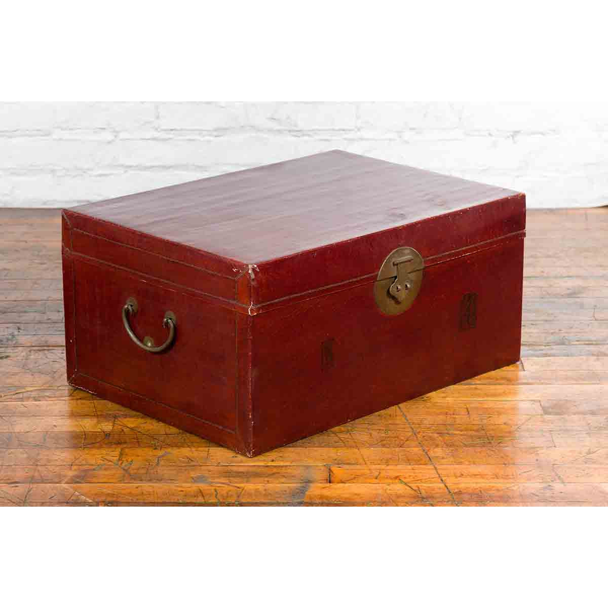 Chinese Early 20th Century Red Lacquered Leather Trunk with Calligraphy-2. Asian & Chinese Furniture, Art, Antiques, Vintage Home Décor for sale at FEA Home