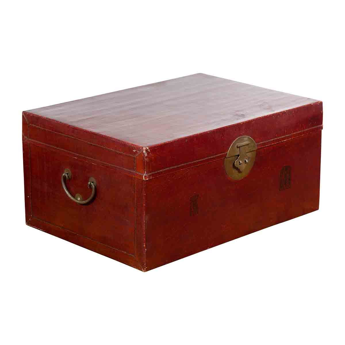 Chinese Early 20th Century Red Lacquered Leather Trunk with Calligraphy-1. Asian & Chinese Furniture, Art, Antiques, Vintage Home Décor for sale at FEA Home