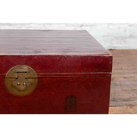 Chinese Early 20th Century Red Lacquered Leather Trunk with Calligraphy