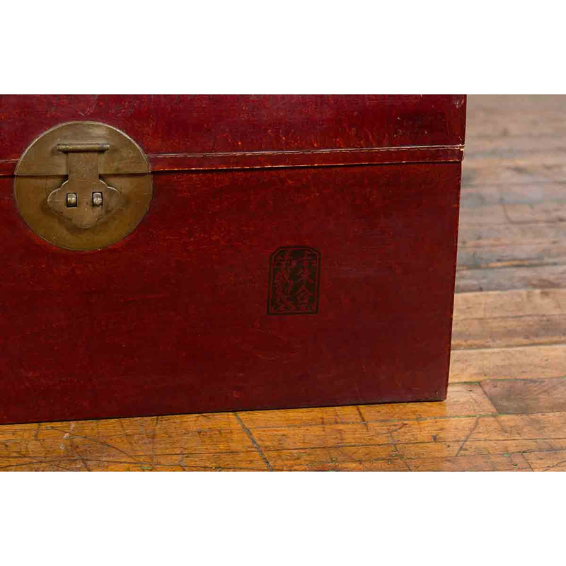 Chinese Early 20th Century Red Lacquered Leather Trunk with Calligraphy