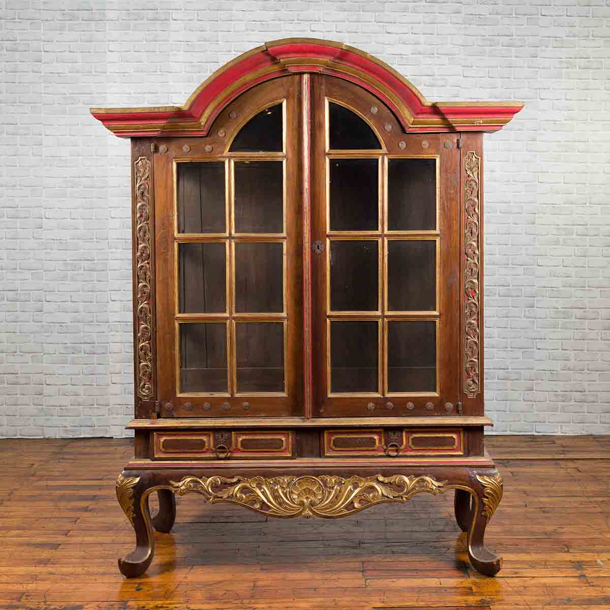 Dutch Colonial Early 20th Century Bonnet Top Gilded Cabinet with Glass Doors-2. Asian & Chinese Furniture, Art, Antiques, Vintage Home Décor for sale at FEA Home