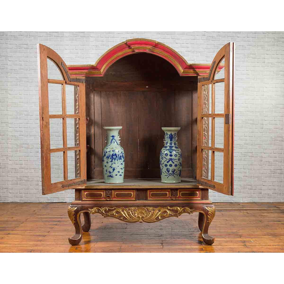 Dutch Colonial Early 20th Century Bonnet Top Gilded Cabinet with Glass Doors-3. Asian &amp; Chinese Furniture, Art, Antiques, Vintage Home Décor for sale at FEA Home
