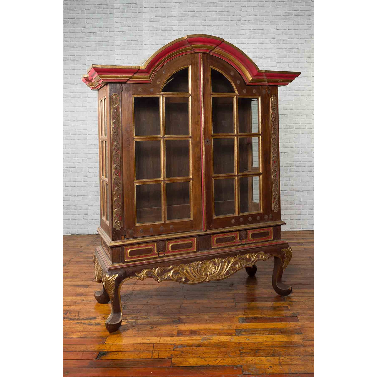 Dutch Colonial Early 20th Century Bonnet Top Gilded Cabinet with Glass Doors-13. Asian &amp; Chinese Furniture, Art, Antiques, Vintage Home Décor for sale at FEA Home