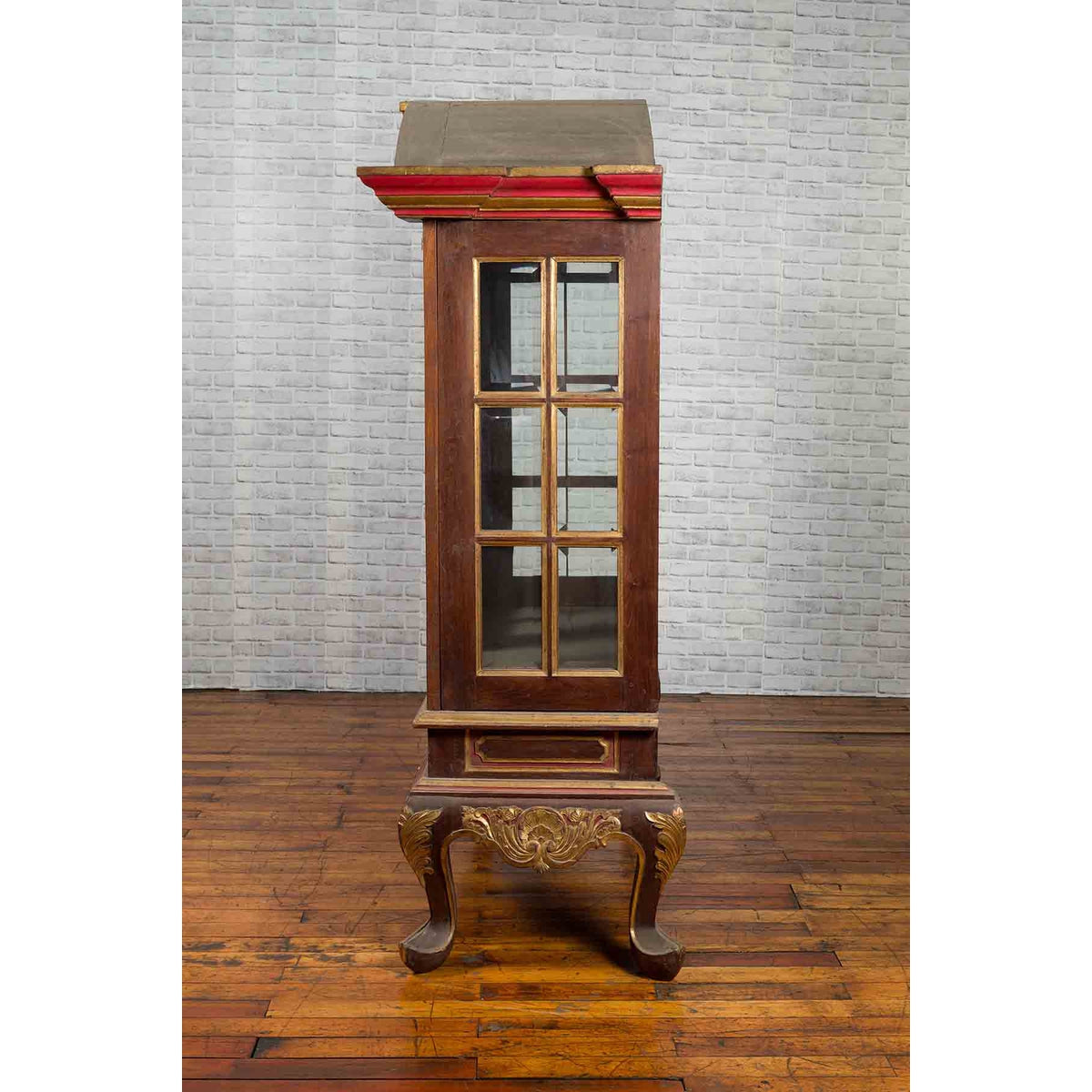 Dutch Colonial Early 20th Century Bonnet Top Gilded Cabinet with Glass Doors-18. Asian &amp; Chinese Furniture, Art, Antiques, Vintage Home Décor for sale at FEA Home