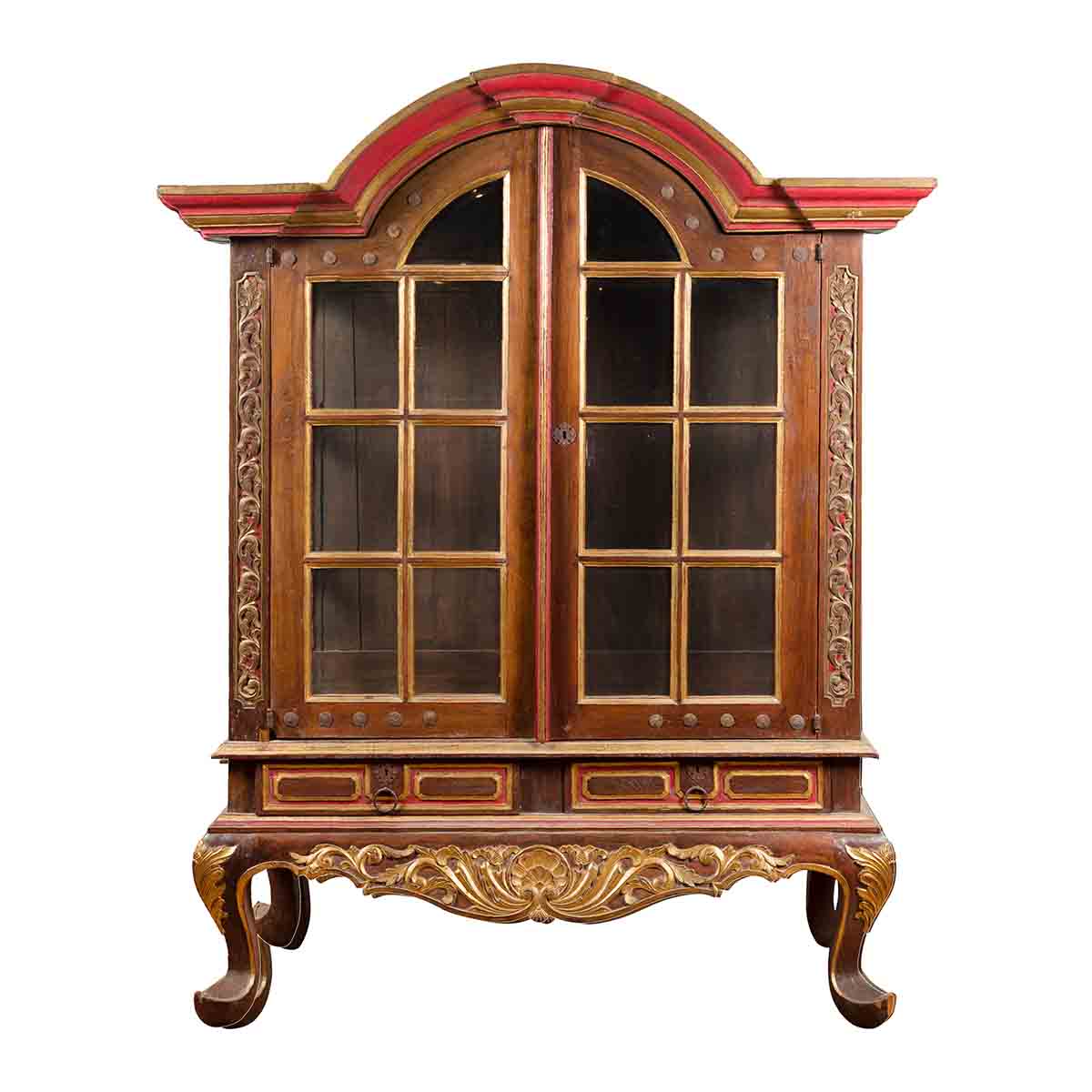 Dutch Colonial Early 20th Century Bonnet Top Gilded Cabinet with Glass Doors-1. Asian & Chinese Furniture, Art, Antiques, Vintage Home Décor for sale at FEA Home