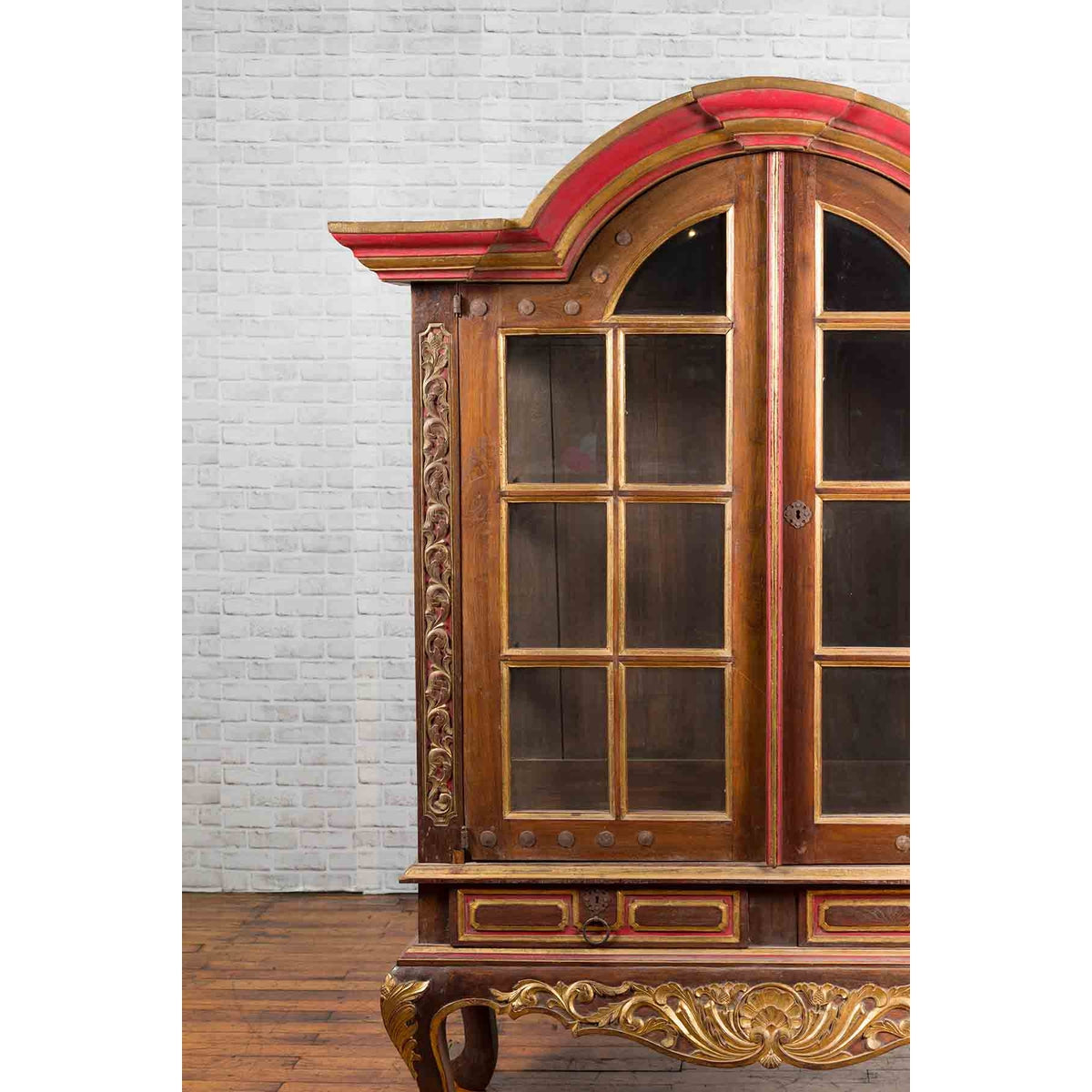 Dutch Colonial Early 20th Century Bonnet Top Gilded Cabinet with Glass Doors-6. Asian &amp; Chinese Furniture, Art, Antiques, Vintage Home Décor for sale at FEA Home