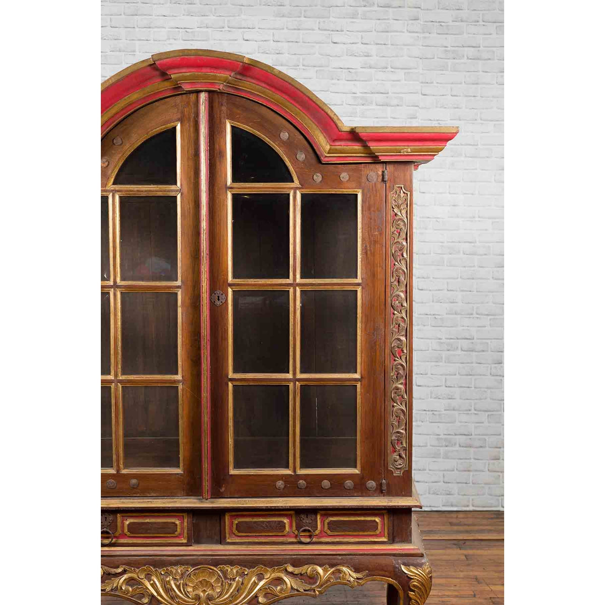 Dutch Colonial Early 20th Century Bonnet Top Gilded Cabinet with Glass Doors-7. Asian &amp; Chinese Furniture, Art, Antiques, Vintage Home Décor for sale at FEA Home