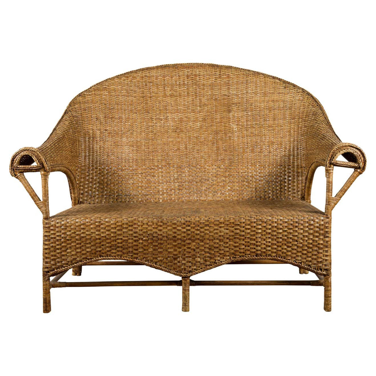 Burmese Vintage Rattan and Wood Loveseat with Curving Back and Unusual Arms-1. Asian & Chinese Furniture, Art, Antiques, Vintage Home Décor for sale at FEA Home