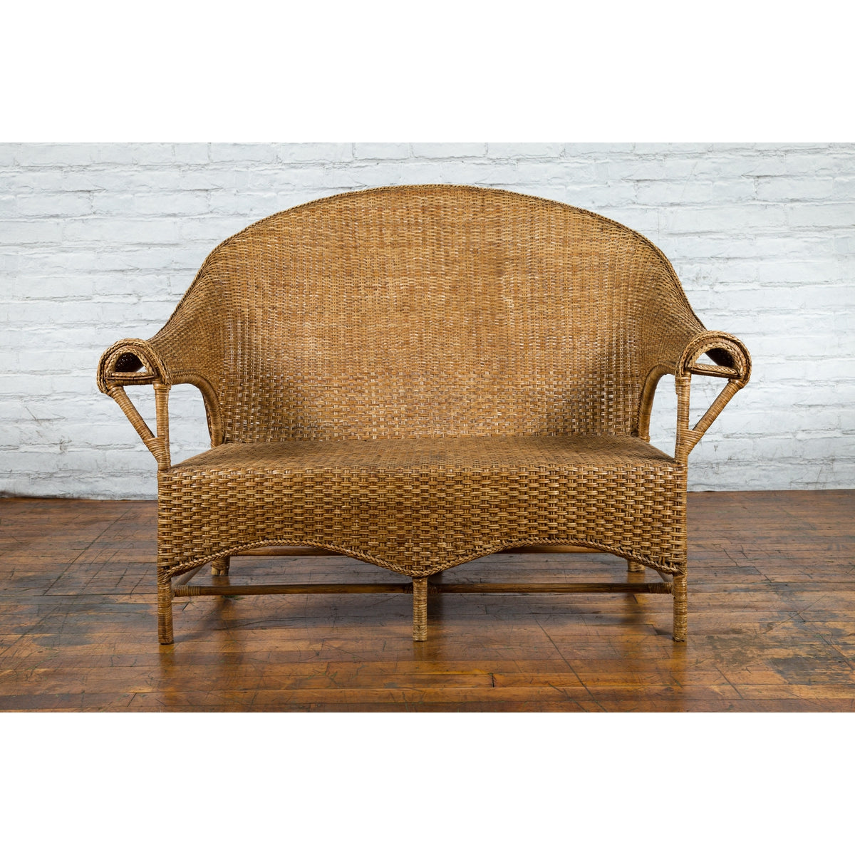 Burmese Vintage Rattan and Wood Loveseat with Curving Back and Unusual Arms-2. Asian & Chinese Furniture, Art, Antiques, Vintage Home Décor for sale at FEA Home