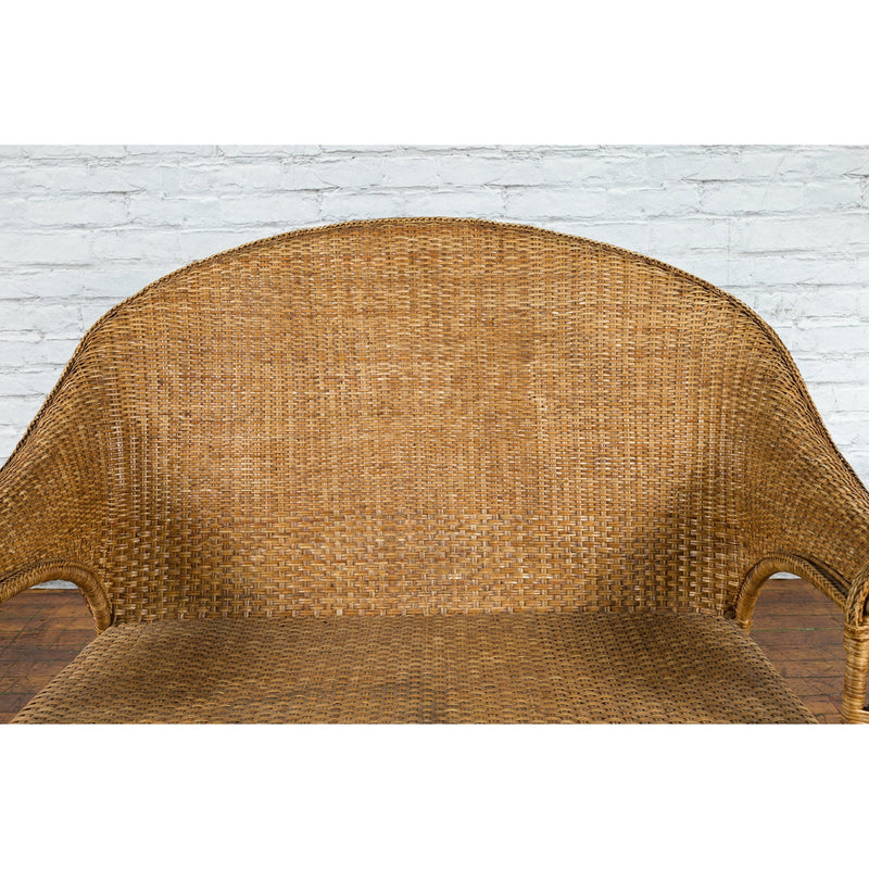 Burmese Vintage Rattan and Wood Loveseat with Curving Back and Unusual Arms - Antique Chinese and Vintage Asian Furniture for Sale at FEA Home