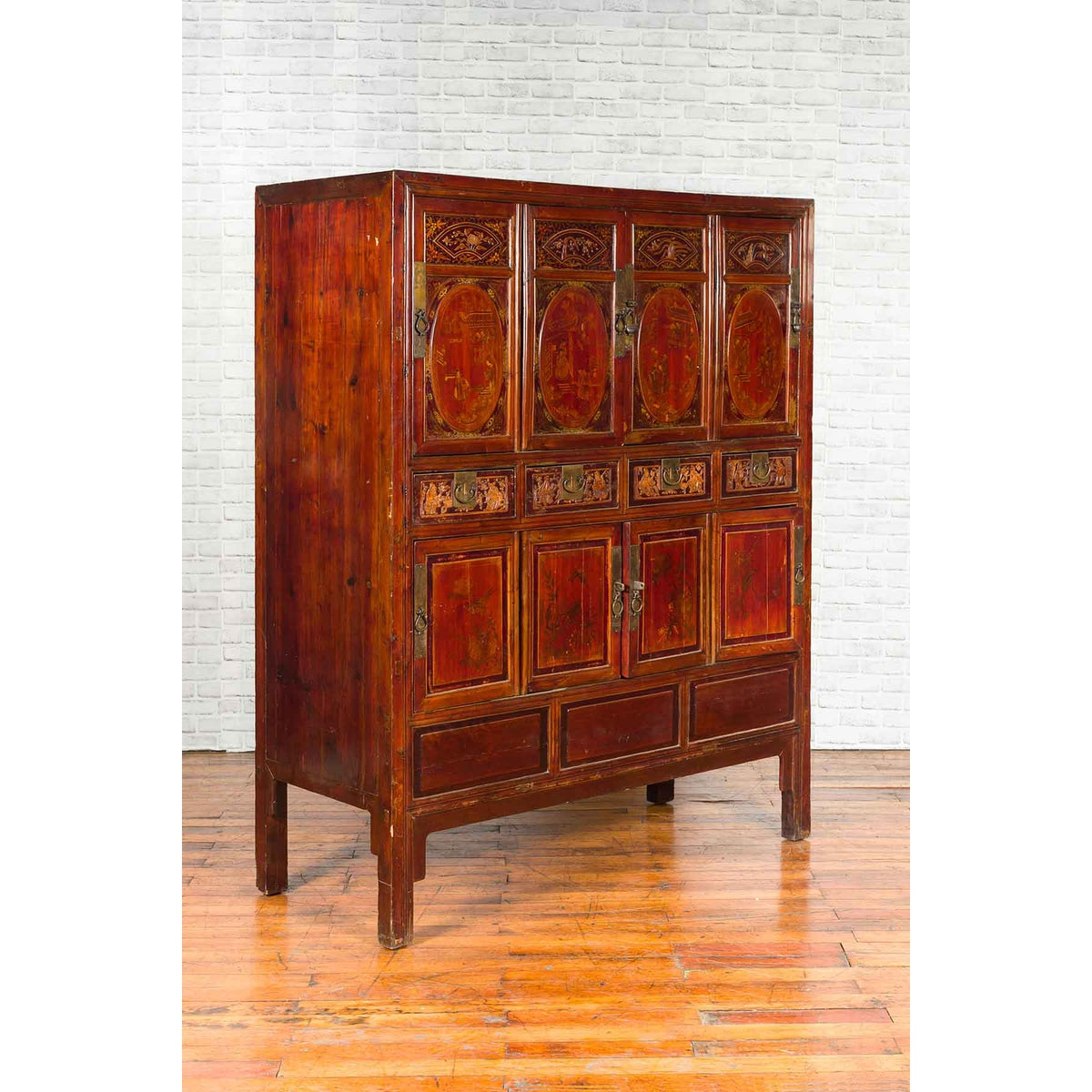 Chinese Qing Dynasty 19th Century Red Cabinet with Eight Doors and Four Drawers-2. Asian & Chinese Furniture, Art, Antiques, Vintage Home Décor for sale at FEA Home