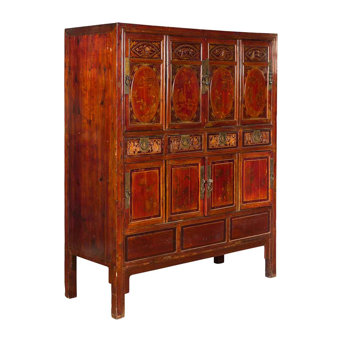 Chinese Qing Dynasty 19th Century Red Cabinet with Eight Doors and Four Drawers-1. Asian & Chinese Furniture, Art, Antiques, Vintage Home Décor for sale at FEA Home