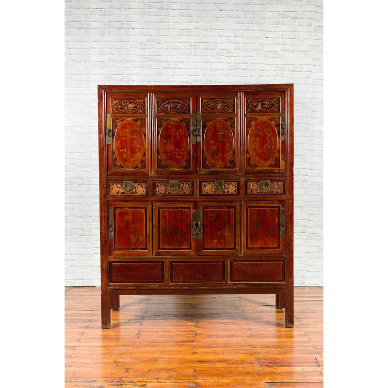 Chinese Qing Dynasty 19th Century Red Cabinet with Eight Doors and Four Drawers-YN2120-20. Asian & Chinese Furniture, Art, Antiques, Vintage Home Décor for sale at FEA Home
