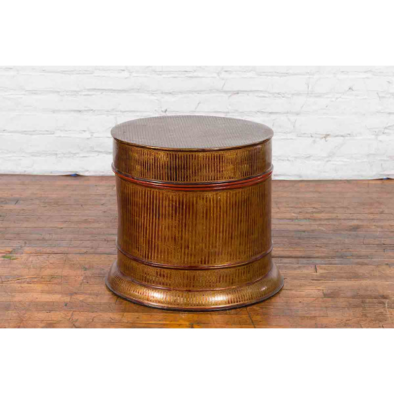 Burmese Vintage Negora Lacquer Circular Storage Bin with Vertical Stripes-YN7848-17. Asian & Chinese Furniture, Art, Antiques, Vintage Home Décor for sale at FEA Home