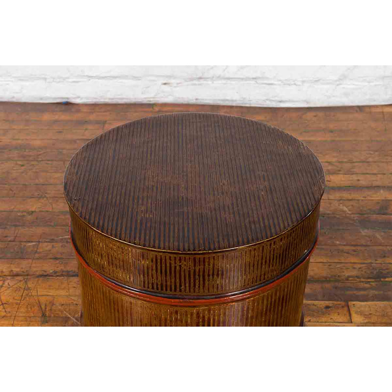 Burmese Vintage Negora Lacquer Circular Storage Bin with Vertical Stripes-YN7848-8. Asian & Chinese Furniture, Art, Antiques, Vintage Home Décor for sale at FEA Home