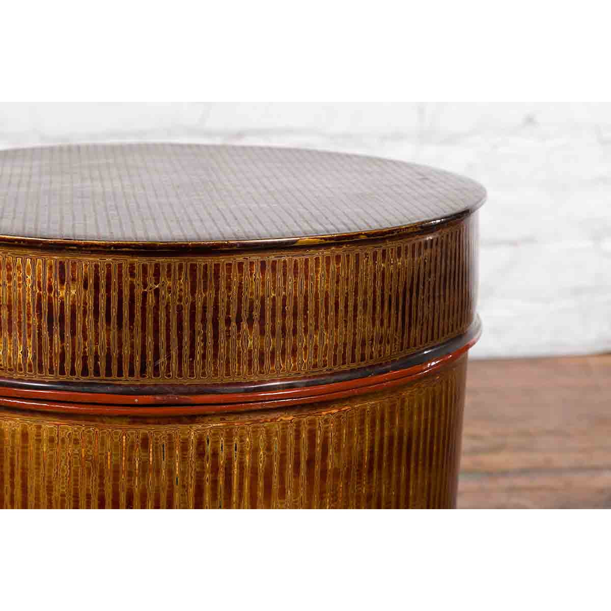 Burmese Vintage Negora Lacquer Circular Storage Bin with Vertical Stripes-11. Asian &amp; Chinese Furniture, Art, Antiques, Vintage Home Décor for sale at FEA Home