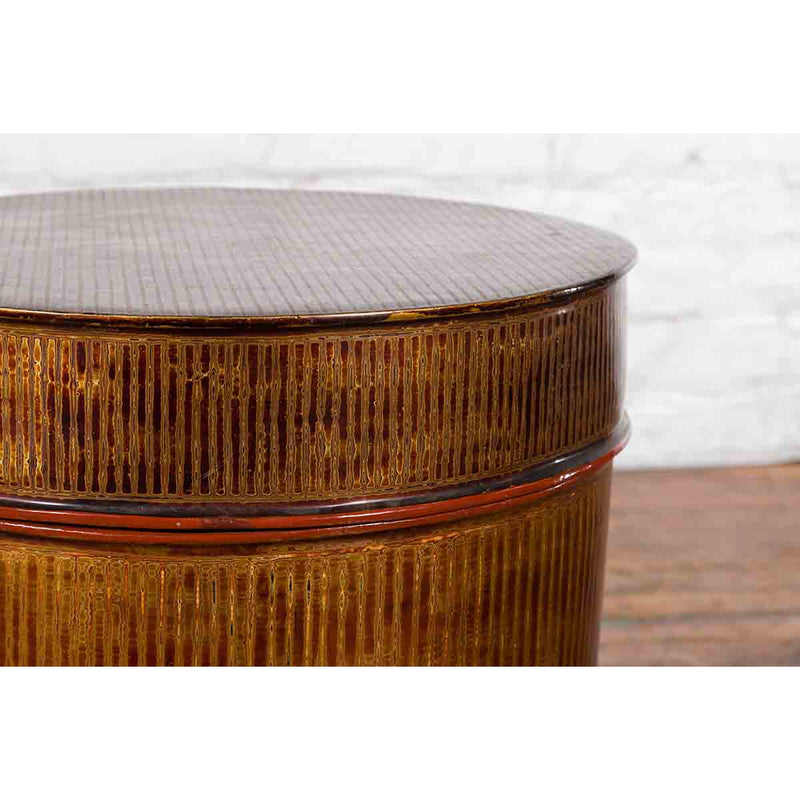 Burmese Vintage Negora Lacquer Circular Storage Bin with Vertical Stripes