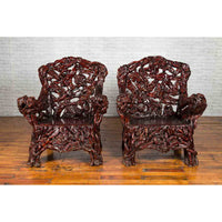 Chinese Handcrafted Dark Azalea Root Armchairs from China