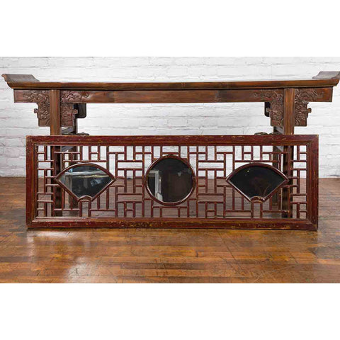 19th Century Qing Dynasty Elmwood Panel with Three Inset Mirrors