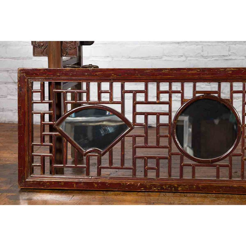 19th Century Qing Dynasty Elmwood Panel with Three Inset Mirrors
