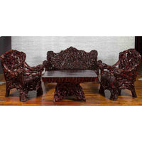 Chinese Late 20th Century Hand Carved Azalea Wood Root Lacquered Settee