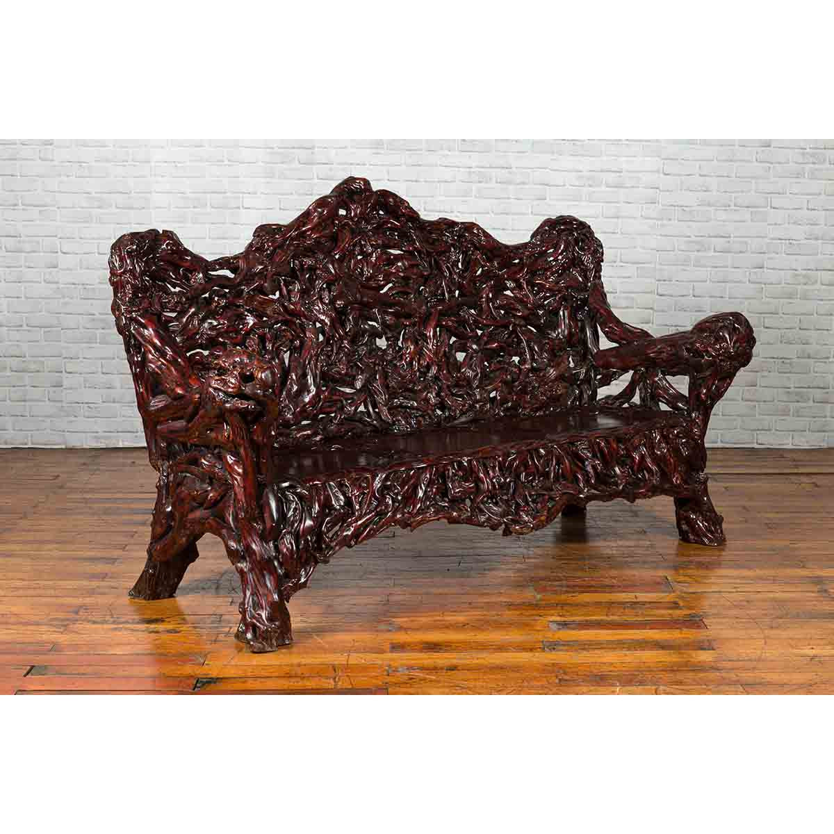 Chinese Late 20th Century Hand Carved Azalea Wood Root Lacquered Settee-2. Asian & Chinese Furniture, Art, Antiques, Vintage Home Décor for sale at FEA Home
