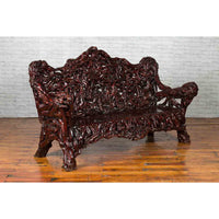 Chinese Late 20th Century Hand Carved Azalea Wood Root Lacquered Settee