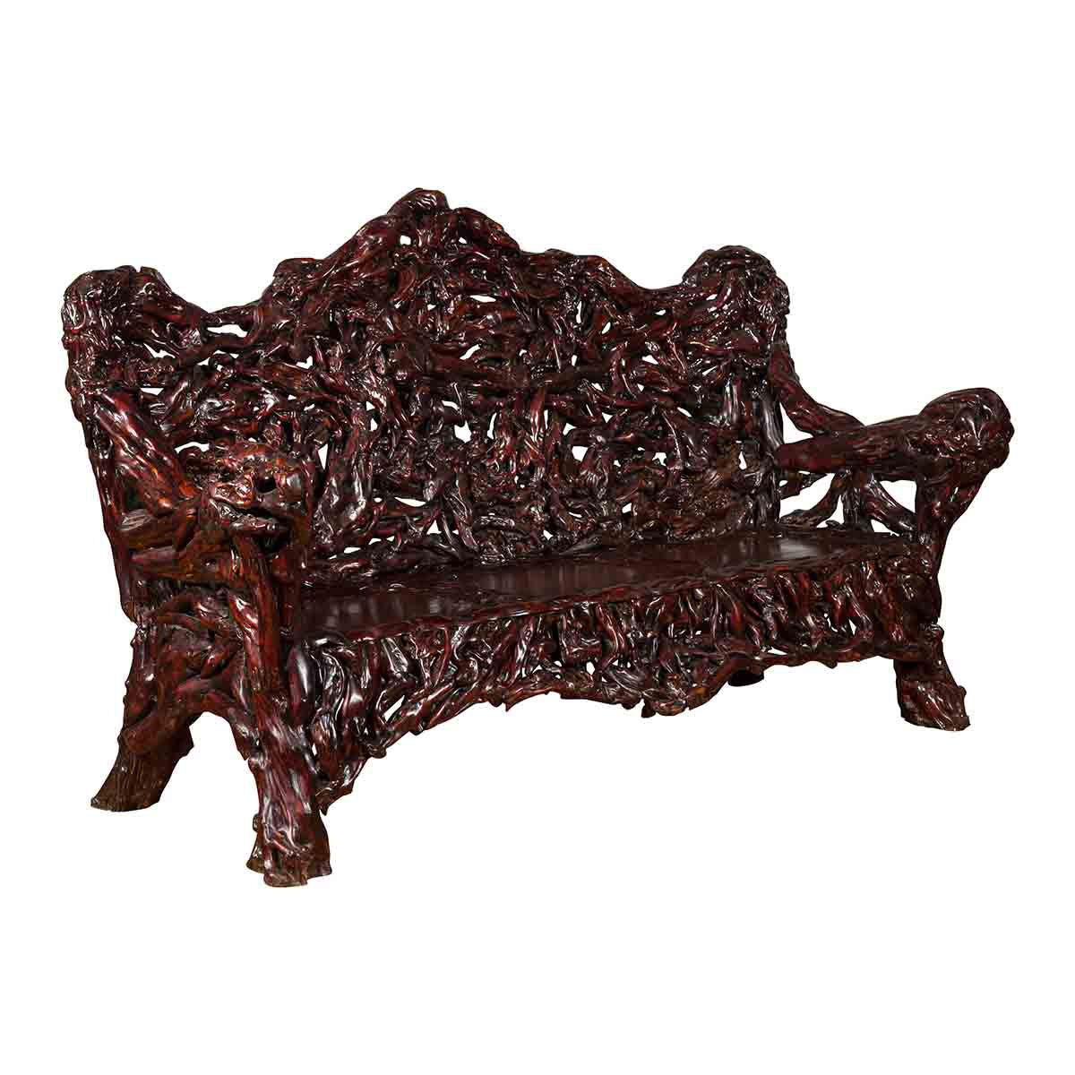 Chinese Late 20th Century Hand Carved Azalea Wood Root Lacquered Settee-1. Asian & Chinese Furniture, Art, Antiques, Vintage Home Décor for sale at FEA Home